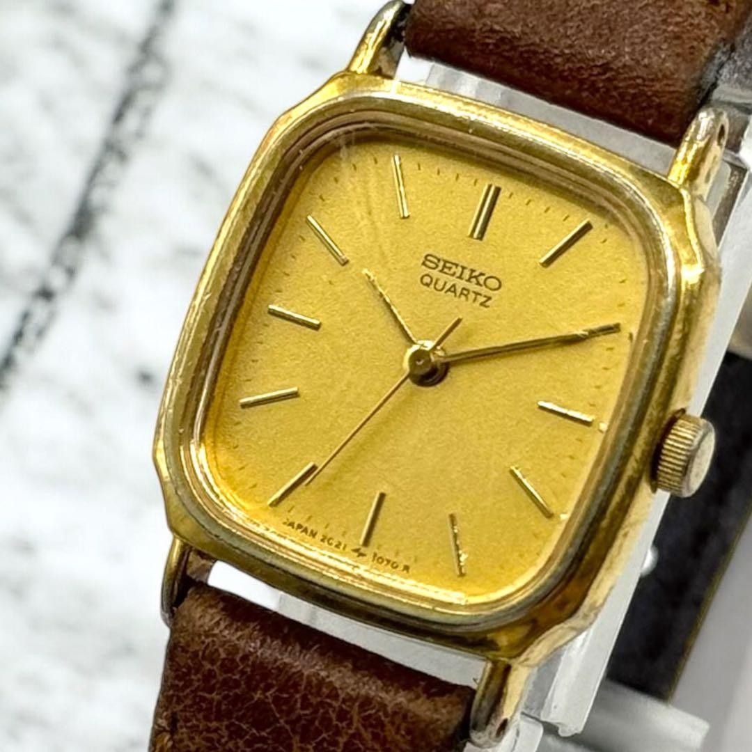 SEIKO 2C21-5430 Gold Square Men’s Watch Brown Belt Used Japan