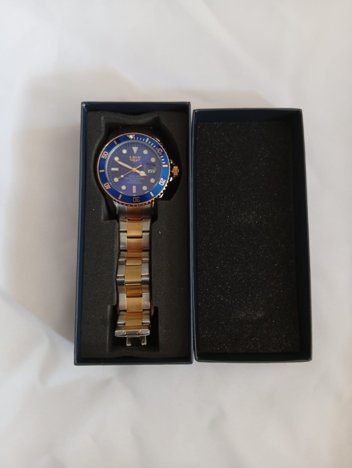 LIGE Men Quartz Watch Two Tone Gold Silver Stainless Steel Band Luxury Blue Dial