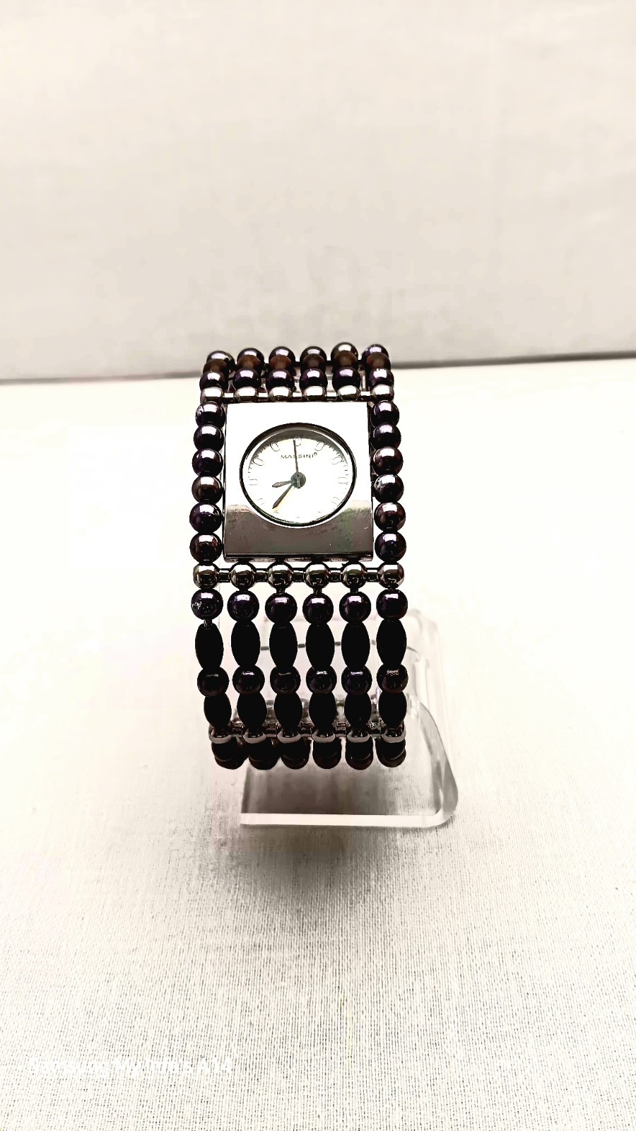 MASSINI WATCH SILVER BALLS & BROWN WOODEN BEADS CUFF BAND. NEW BATTERY.