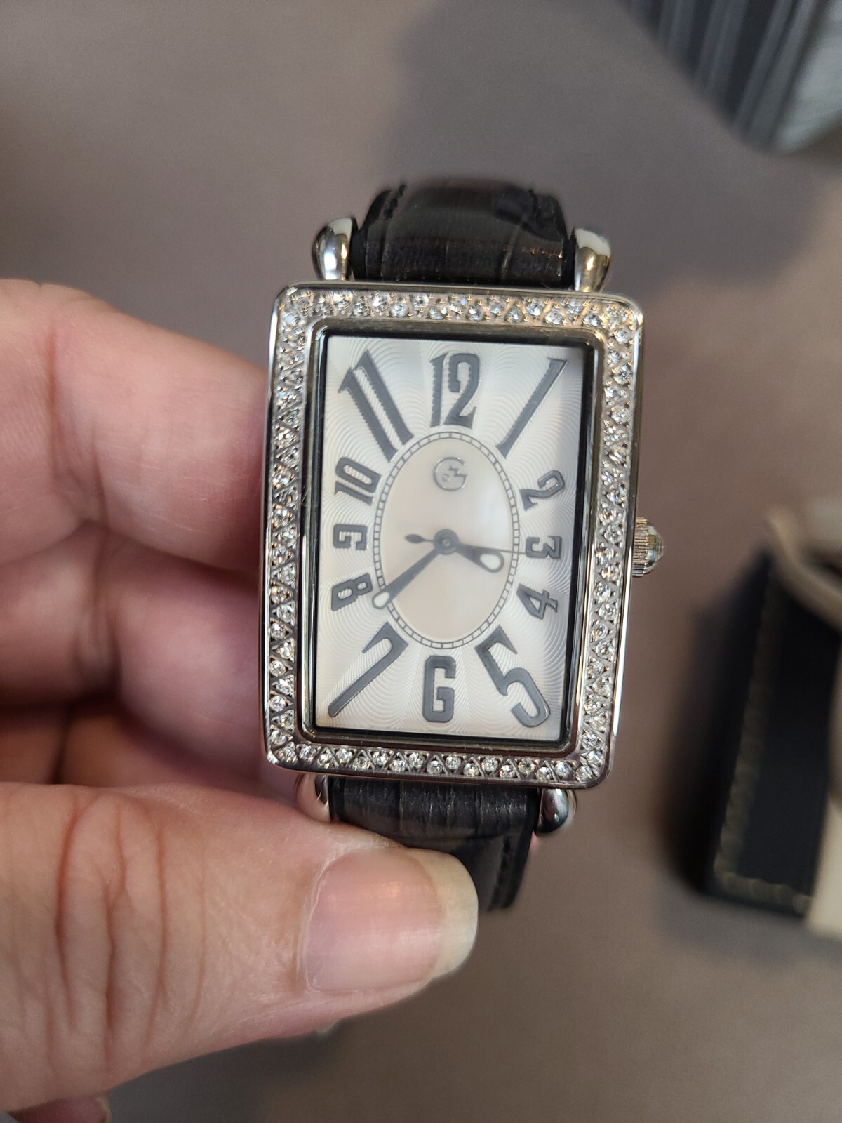 Women’s Fashion Watch-George – Ivory Face w/Crystal Accents Black Leather Band