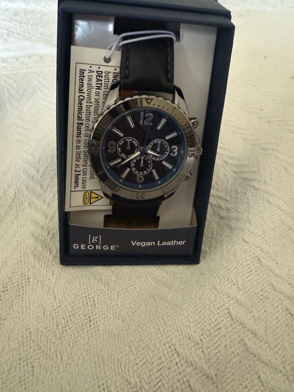 George Men’s Quartz Analog Wristwatch Black Dial Faux Leather Strap w/ Box