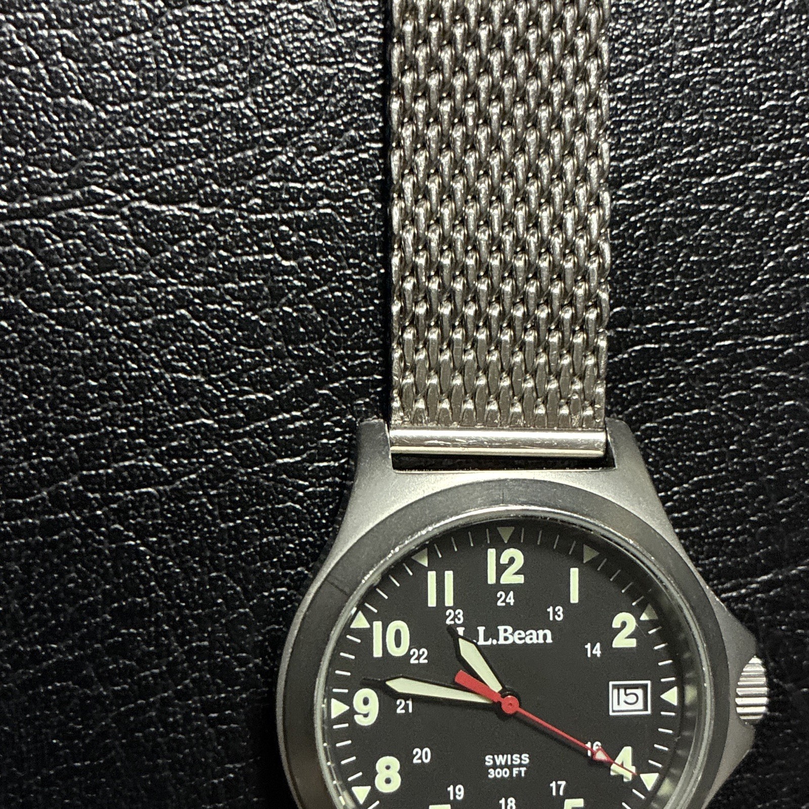 L.L.Bean Swiss Quartz 300 ft Black Dial Date Wristwatch w/ Silver Mesh Band