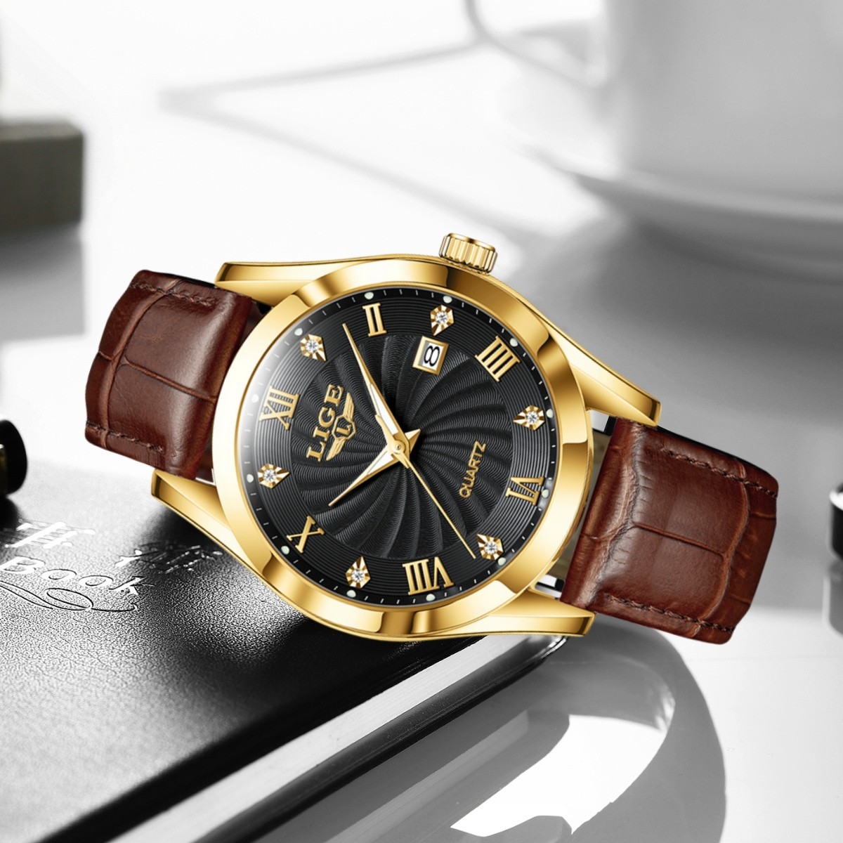 LIGE Men’s Watch Leather Watches Waterproof Luminous Quartz Date Man Wristwatch