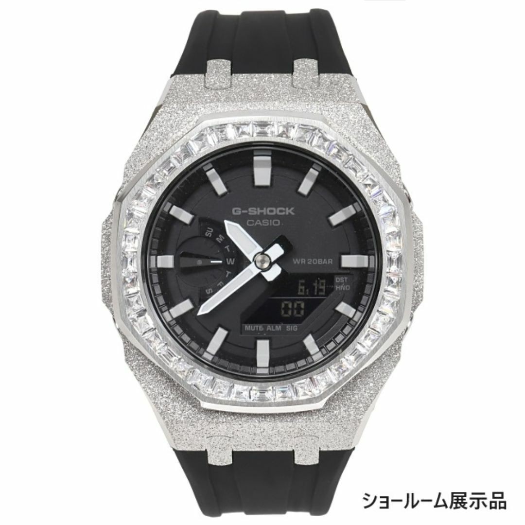G-Shock GA2100 1A Metal Custom Frosted Silver Rubber Band Baguette CZ Bezel Casi