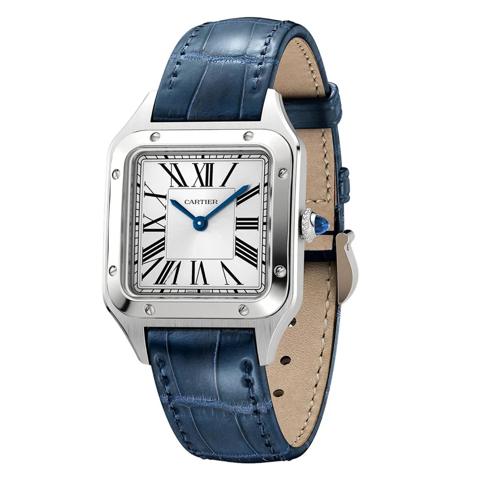 Cartier Santos Dumont Silver Dial Blue Leather Strap Watch WSSA0086