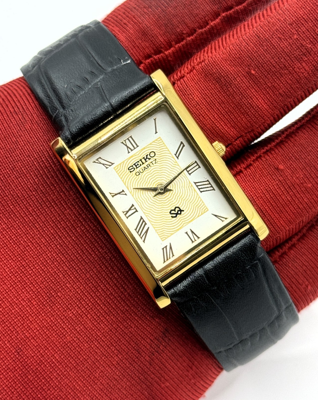Vintage Refurbished Seiko Rectangular White Dial Black Faux Leather Strap