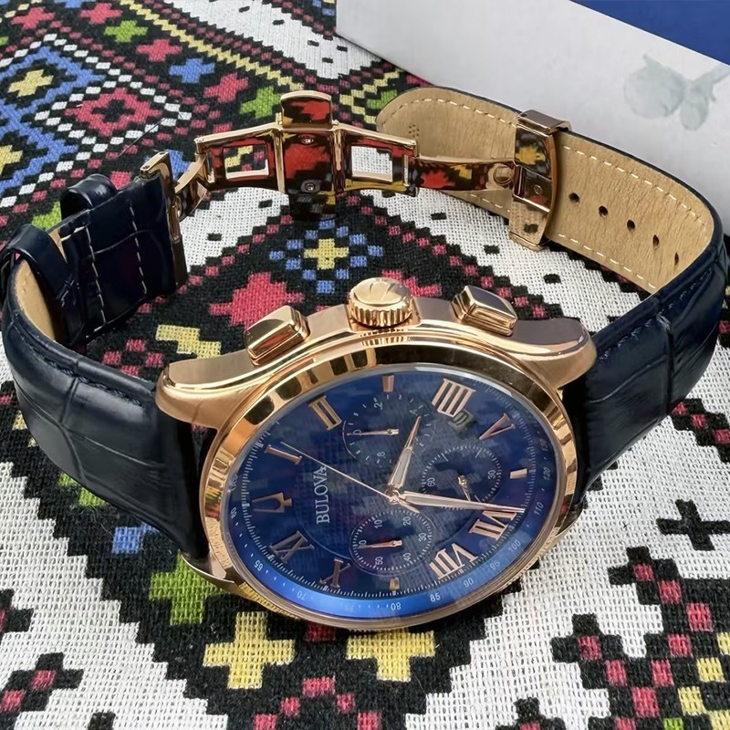 Bulova Classic Wilton Men’s 97B170 Blue Dial Blue Leather Quartz Watch 46.5mm