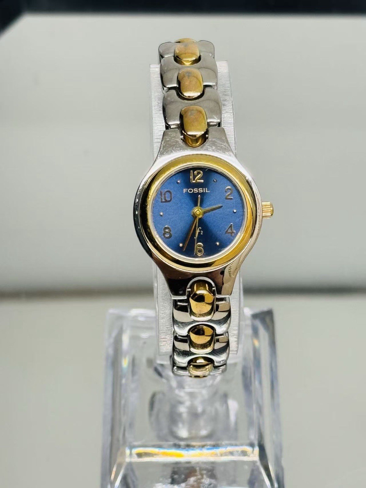Vintage Fossil F2 Blue Dial Ladies Watch Two-Tone Bracelet 21mm New Battery Runs