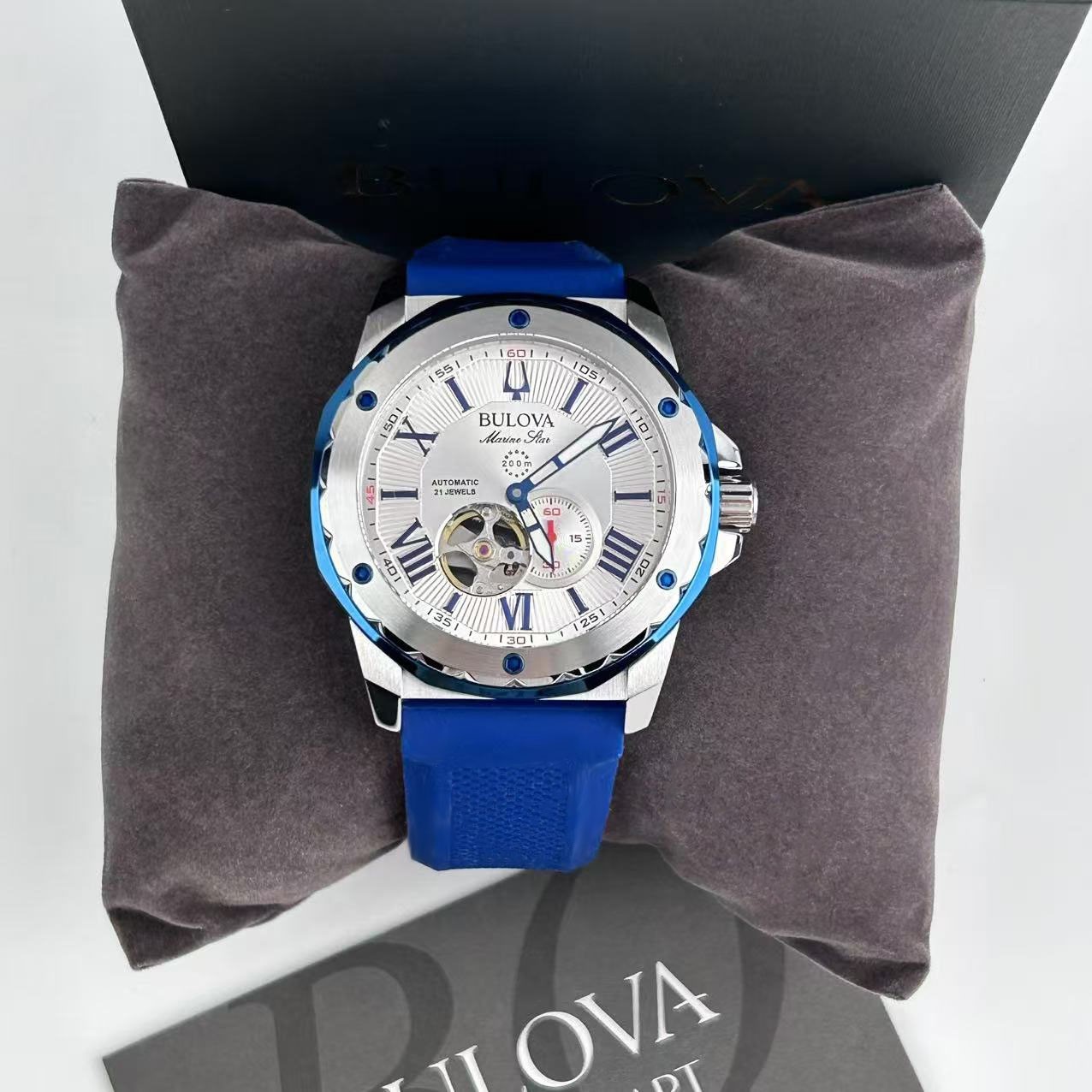 Bulova Marine Star 98A225 White Dial+Blue Rubber Strap Men’s Automatic Watch New