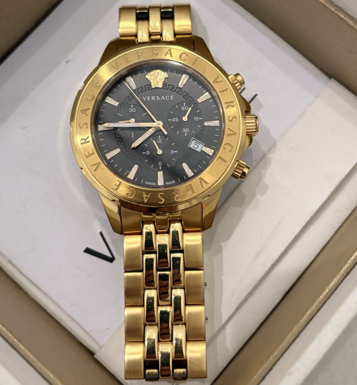 Versace Men’s Quartz Chronograph Date Black Dial Gold-Tone Bracelet Box Manual