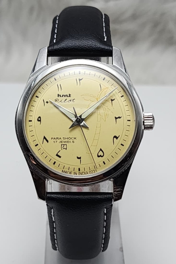 HMT Pilot Mechanical Watch Yellow Dial Arabic Numerals Palm Tree Classic Vintage