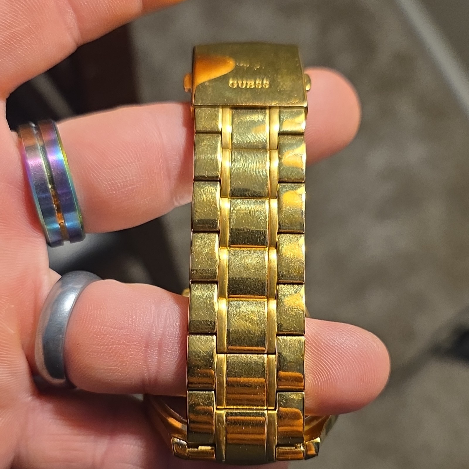 GUESS Men’s Quartz Gold-Tone Analog Bracelet Watch Day/Date Roman Sunburst