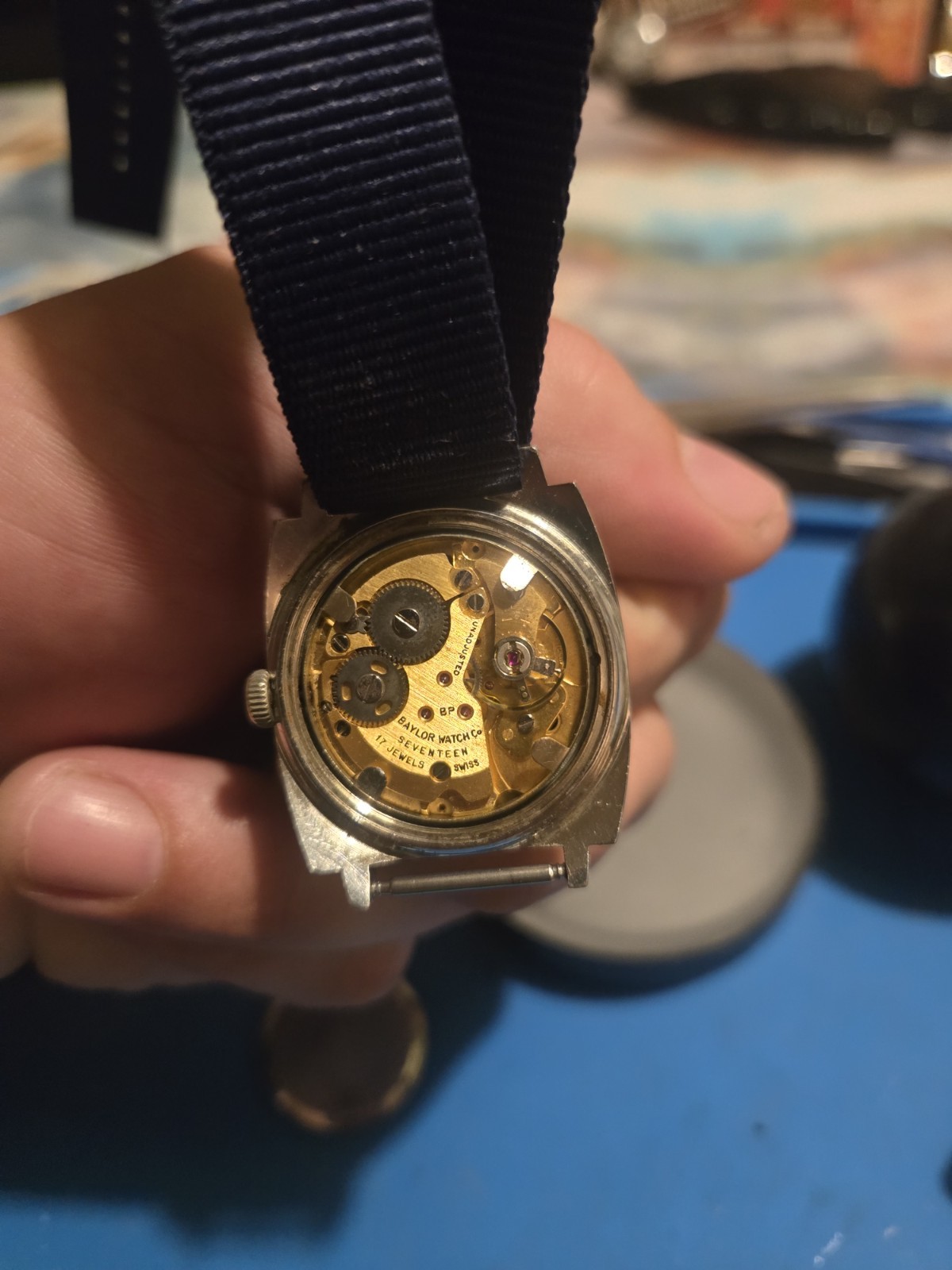 Baylor Norseman 17J Manual Wind Wristwatch SS Silver Dial Blue Nylon Strap