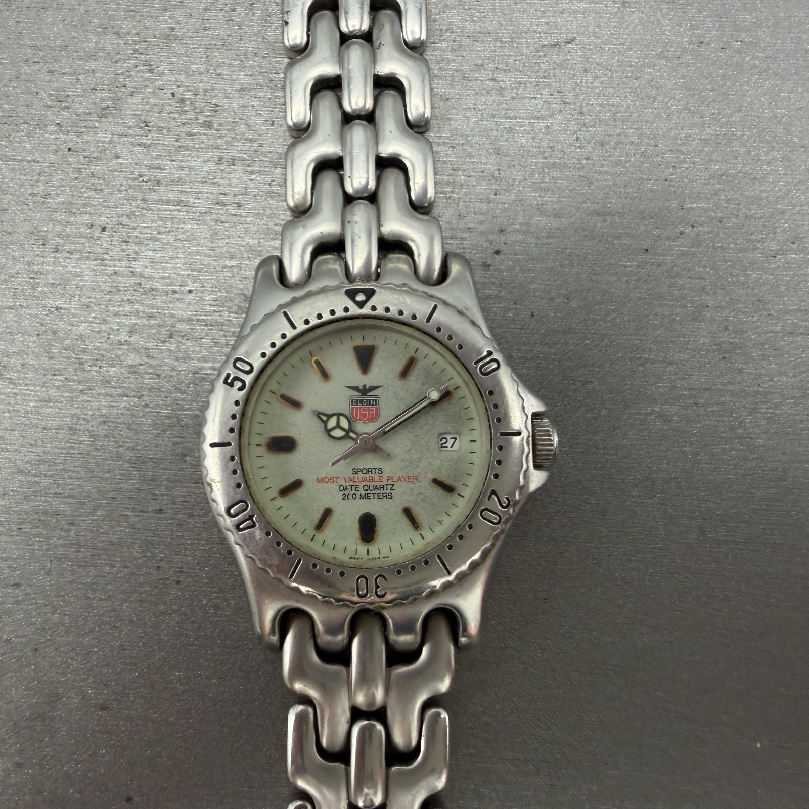 Elgin Dive Watch Men 37mm Gray Dial Silver Tone Date Round FK-592 New Battery