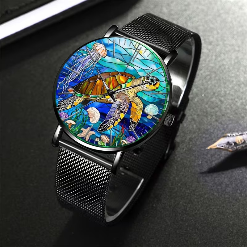Intricate Stained Glass Sea Turtle Underwater Print Wrist Watch