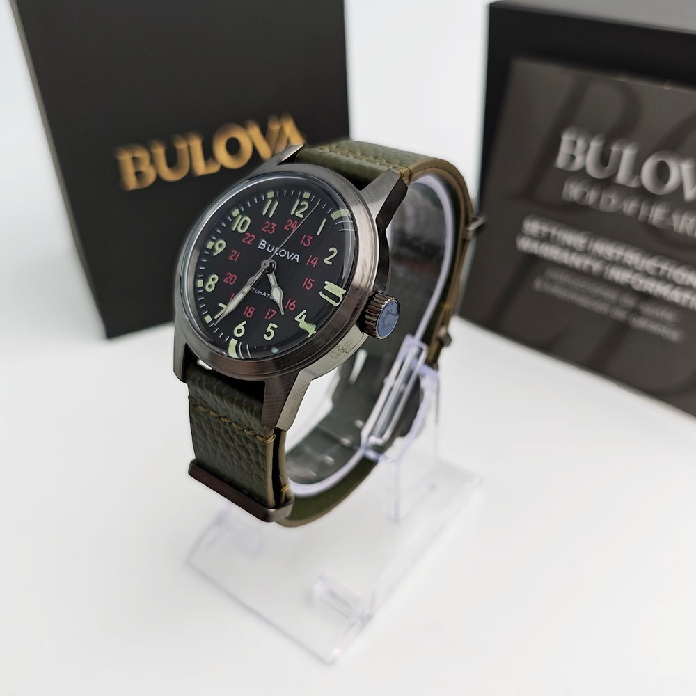 Bulova 98A255 Hack Black Dial Green Leather Strap Automatic Men’s Watch 38MM