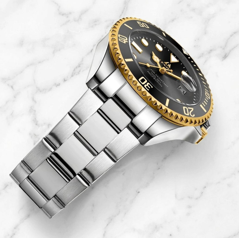 Men’s Waterproof Black Gold Dial Bezel Luminous Stainless Silver Bracelet Lenoin