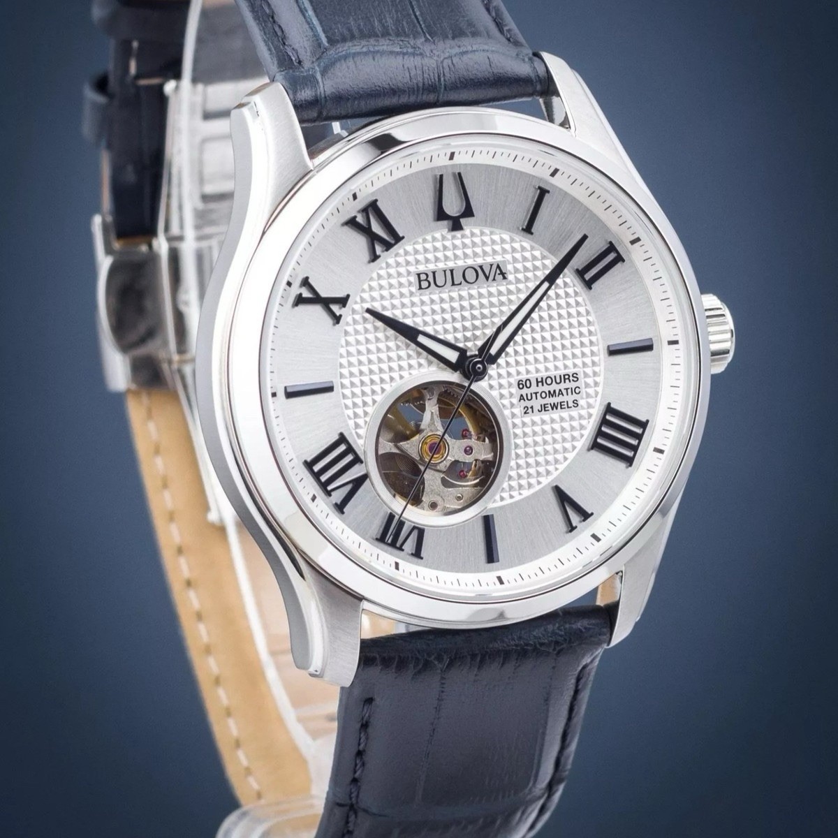 Bulova 96A206 Wilton Men’s 42mm Automatic Blue Leather Strap Silver Watch