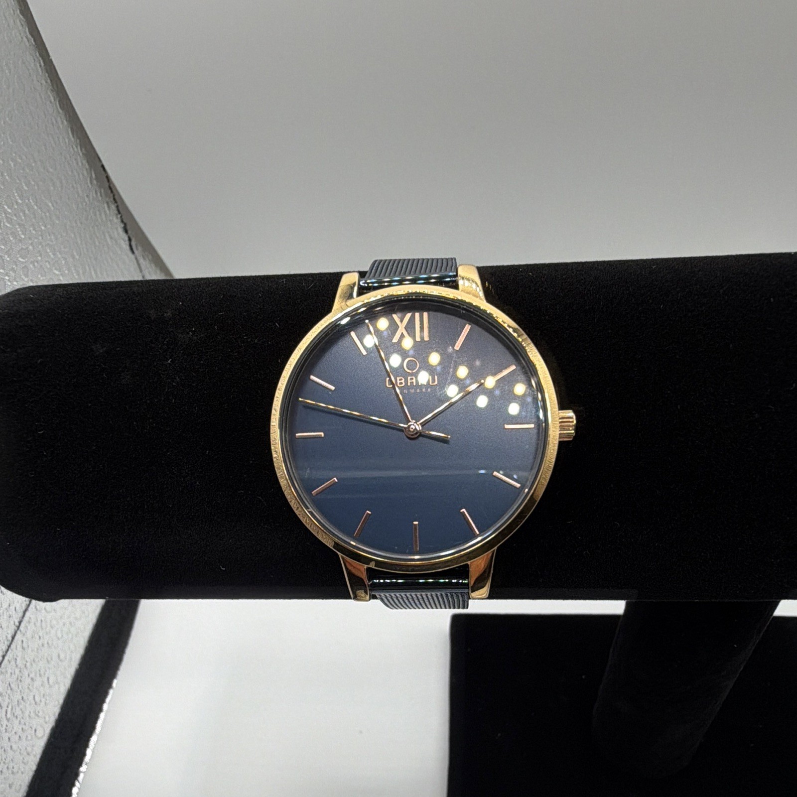 Obaku V209LXVLML Quartz Dress Watch Blue Dial Gold Case Black Mesh Bracelet