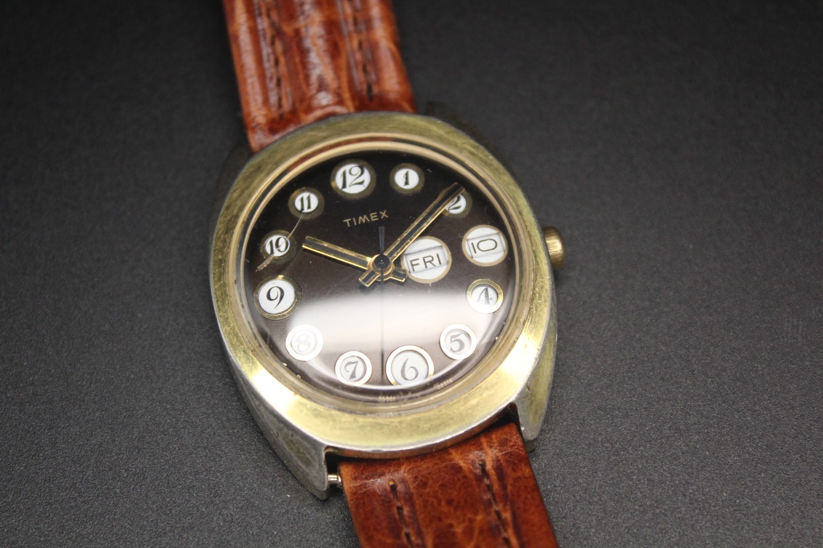 Vintage Timex Manual Wind Day-Date “Telephone Dial” Brown Dial Watch