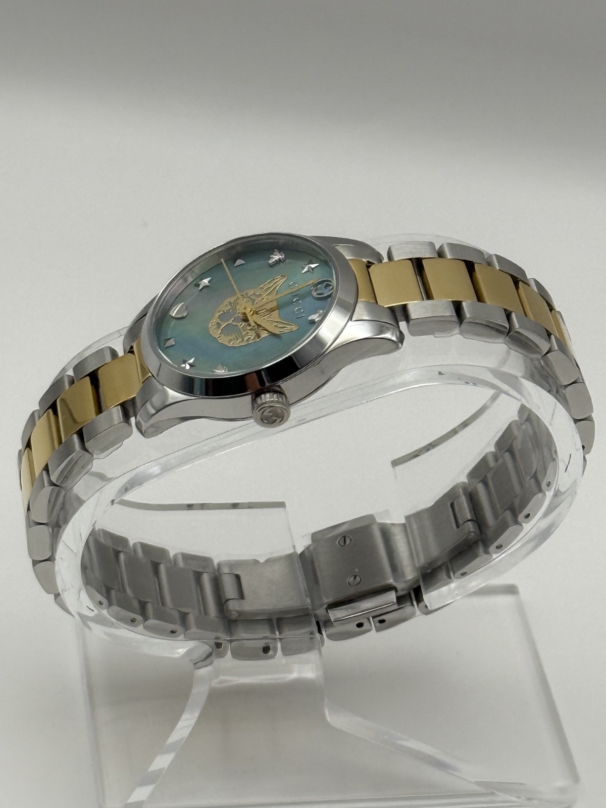 Gucci G Timeless Quartz MOP Blue Dial Two Tone Steel Strap Watch YA1265011