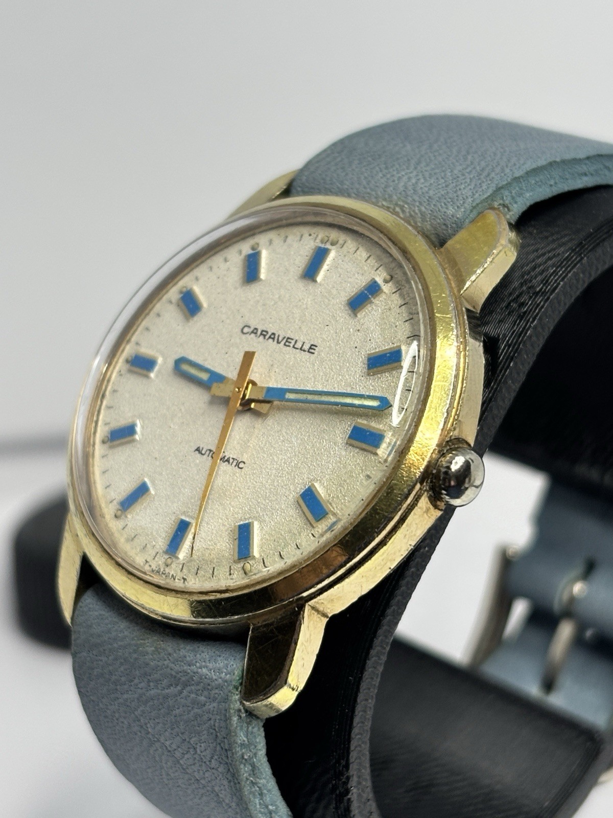 Vintage 1972 Caravelle Bulova Automatic Watch Blue Markers RUNS PERFECT NewBand
