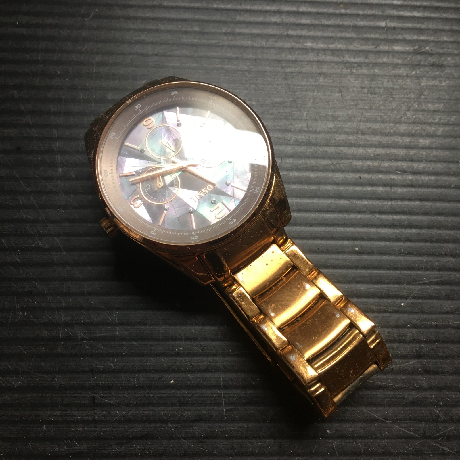 FOSSIL BQ1681 JUSTINE ABALONE GEOMETRIC RAINBOW MOTHER OF PEARL 3 EYE FACE DIAL