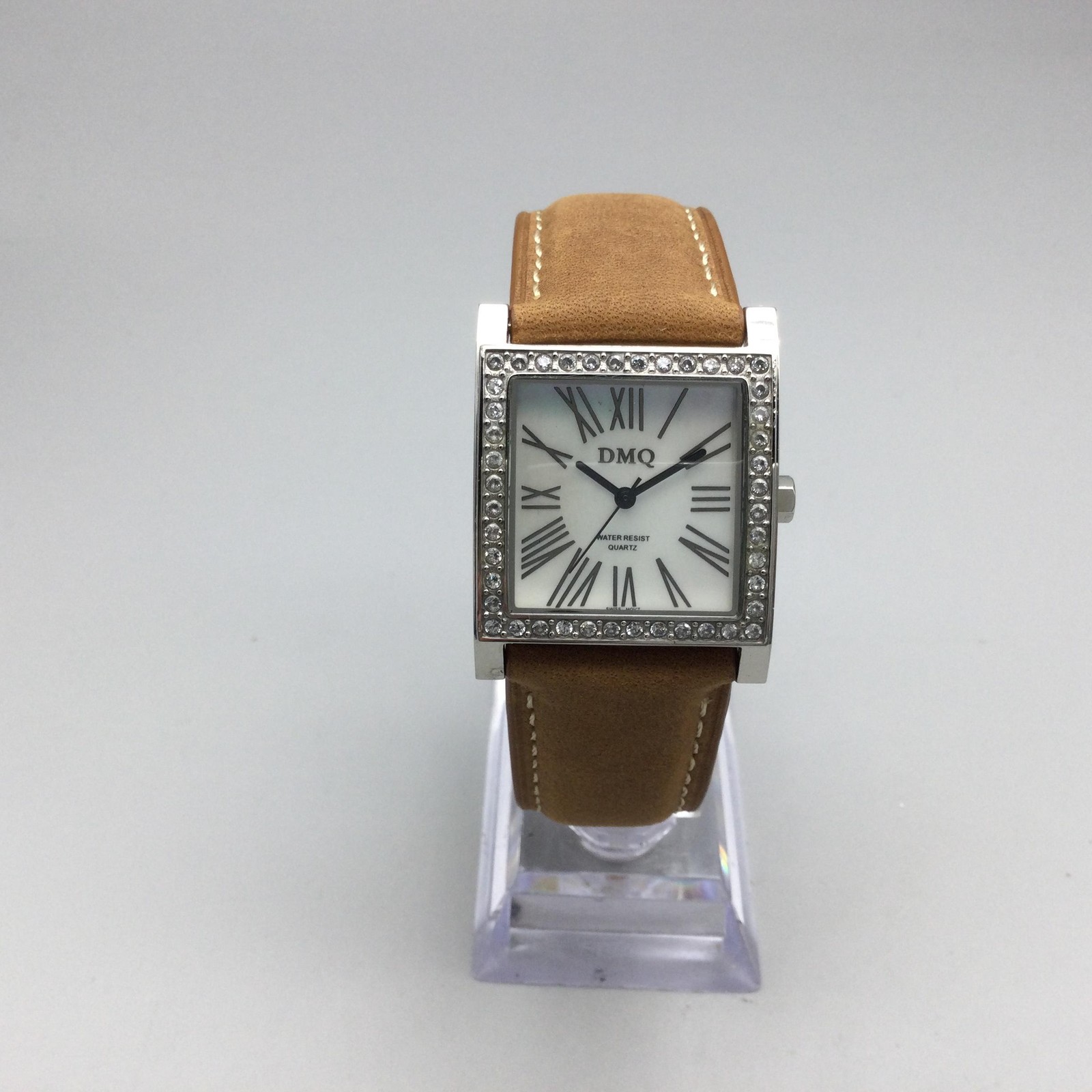 DMQ Square Watch Womens 28mm Silver Tone Crystals Tan Leather Strap New Battery