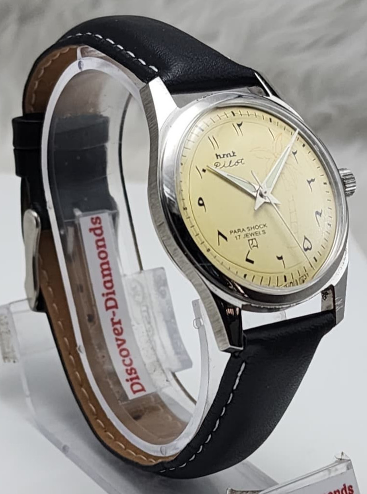 HMT Pilot Mechanical Watch Yellow Dial Arabic Numerals Palm Tree Classic Vintage