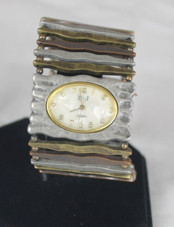 L & J Watch Silver Bronze Earth Tones Boho Woman Bracelet Oval Stretch Metal