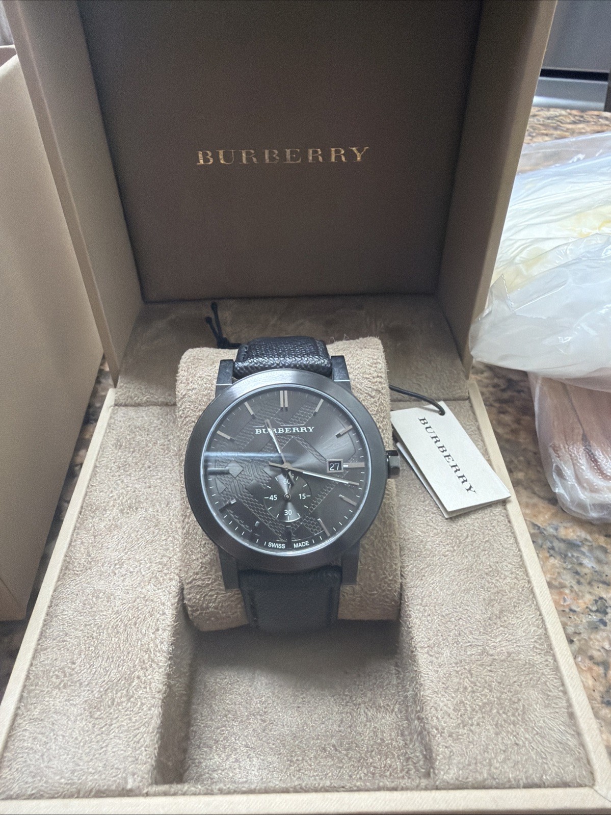 Burberry The City 42mm Black Stainless Steel Case and Black Leather Band, Men’s