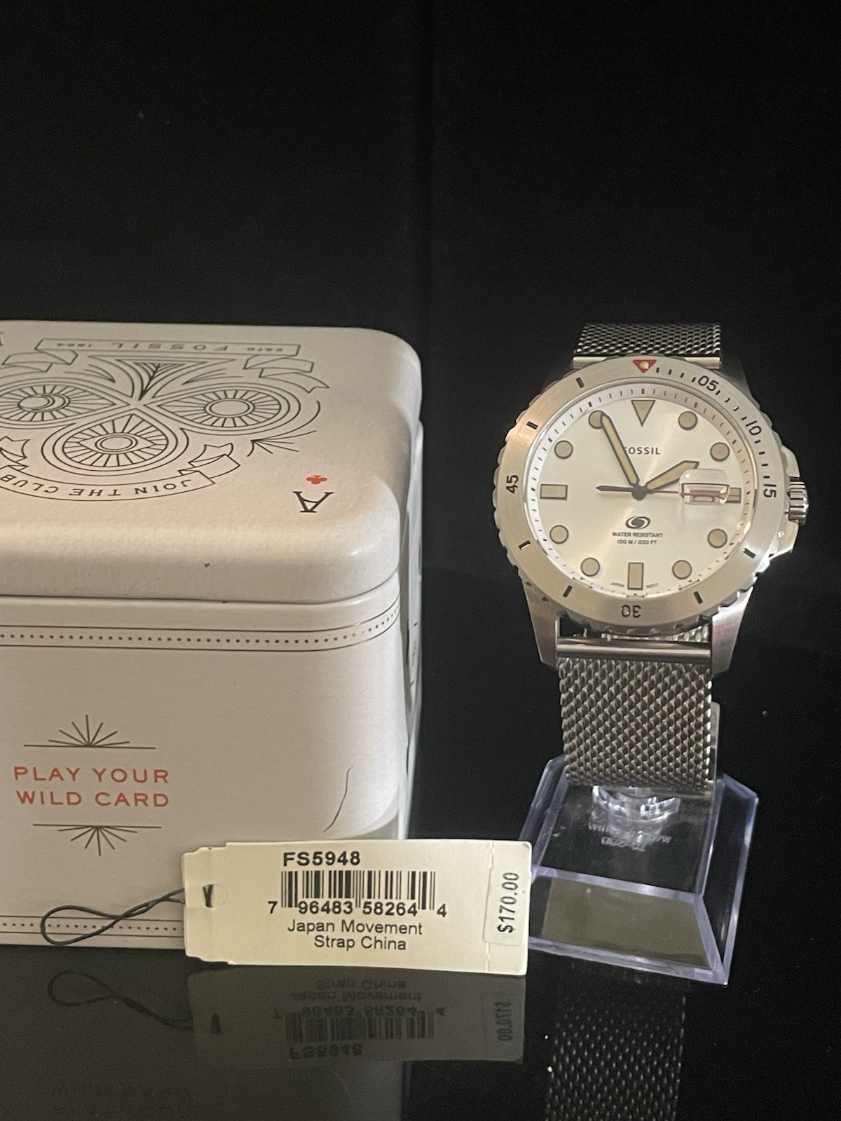 Fossil FS5948 Blue Diver Silver Sunburst Mesh Watch 100M NOS Box Tag Quartz 42mm