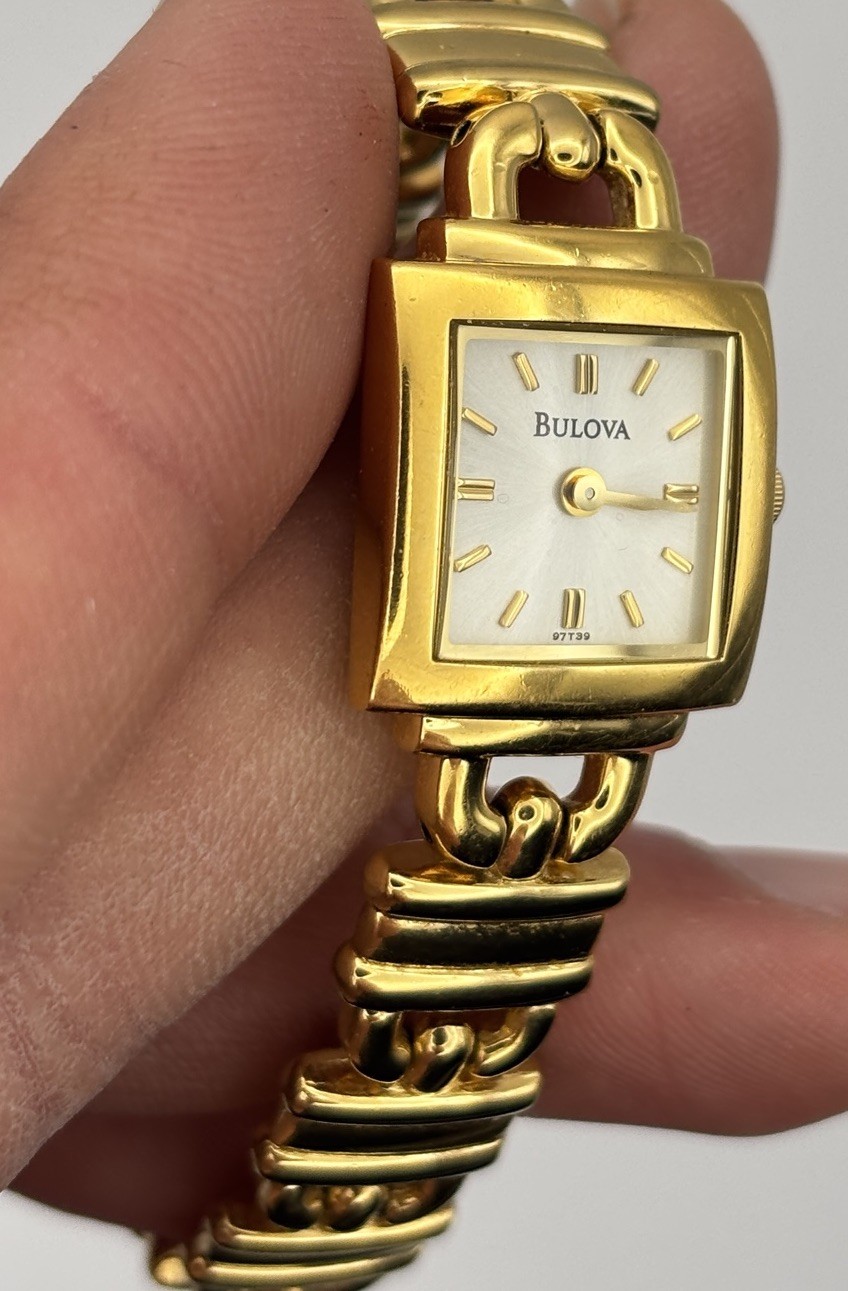 Bulova Watch Women 18mm Gold Tone 97T39 Square Silver Dial #8.4