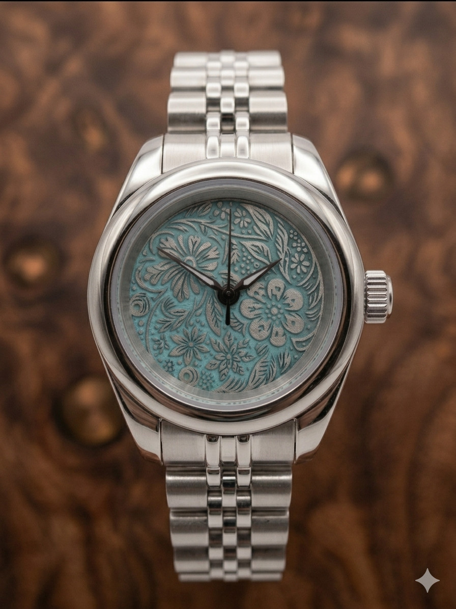 Small Case Automatic Watch, Turquoise Floral Engraved Dial, Stainless Steel