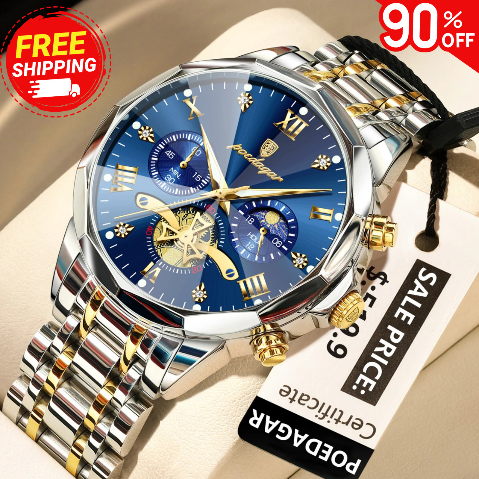2025 Men’s Luxury Waterproof Chronograph Stainless Steel Quartz Wrist Watch Gift