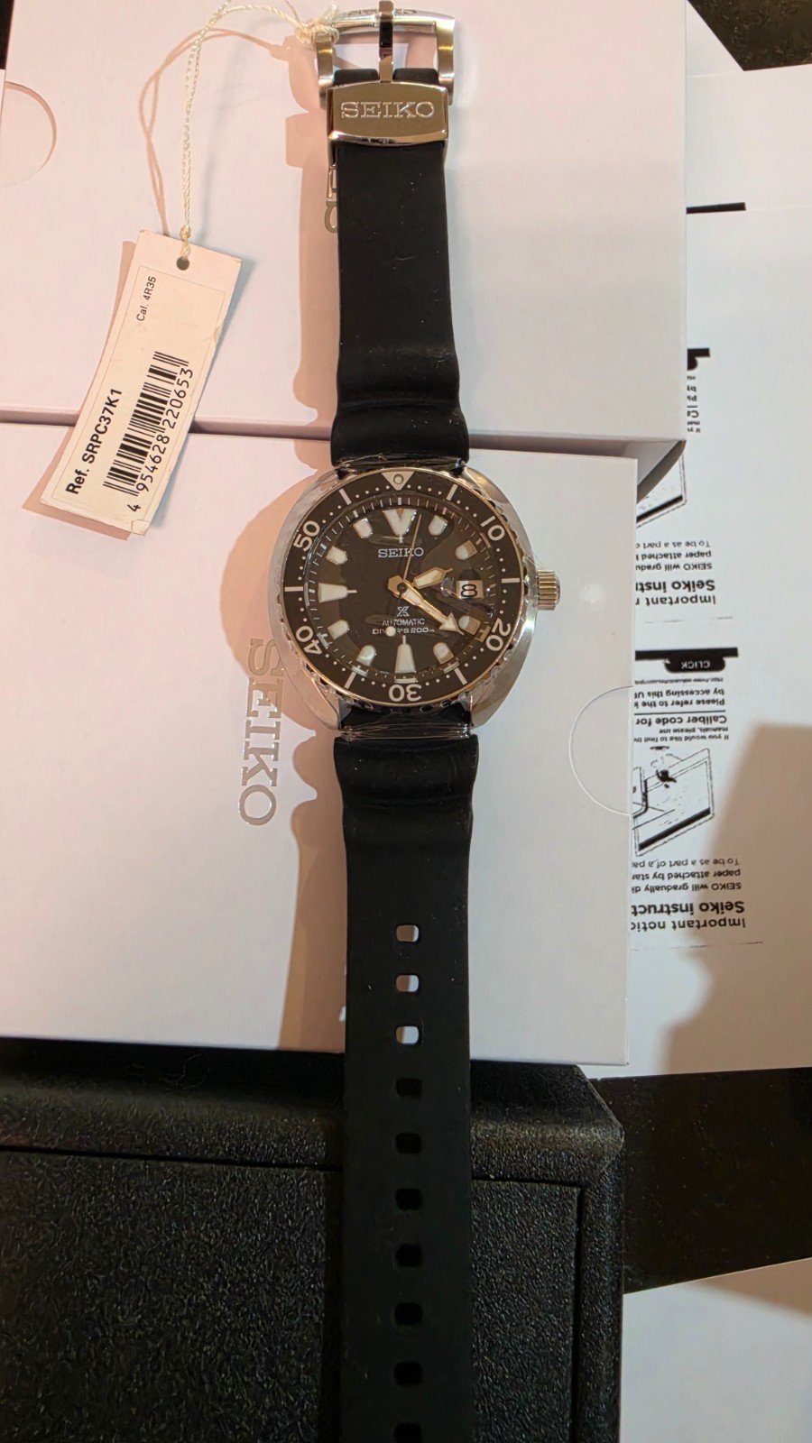 SEIKO ProspeX SRPC37K1 Automatic Diver Watch Mini Turtle Rubber Date 4R35 Black