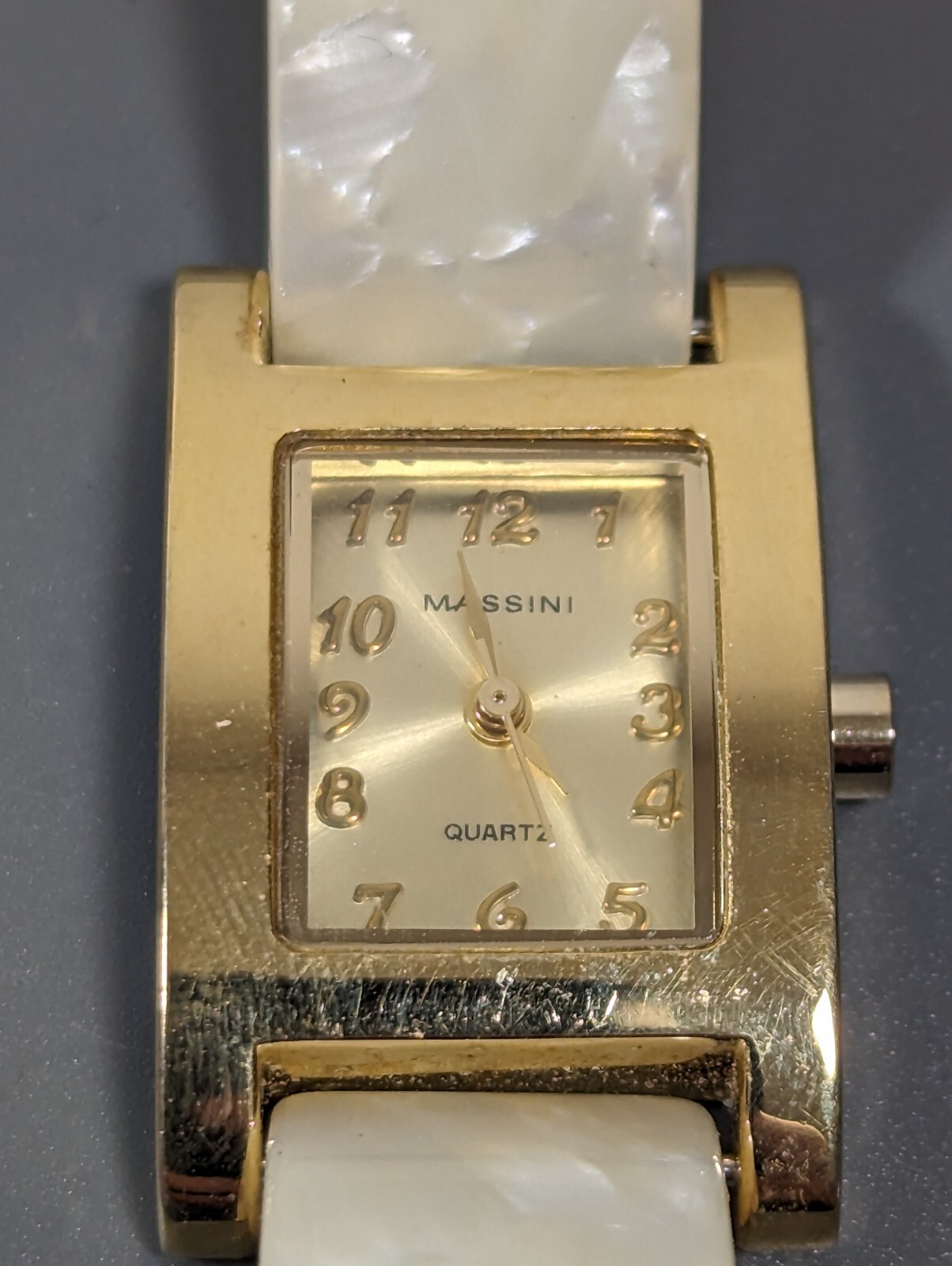 Massini Gold Tone Dial Rectangle Case White Band Watch