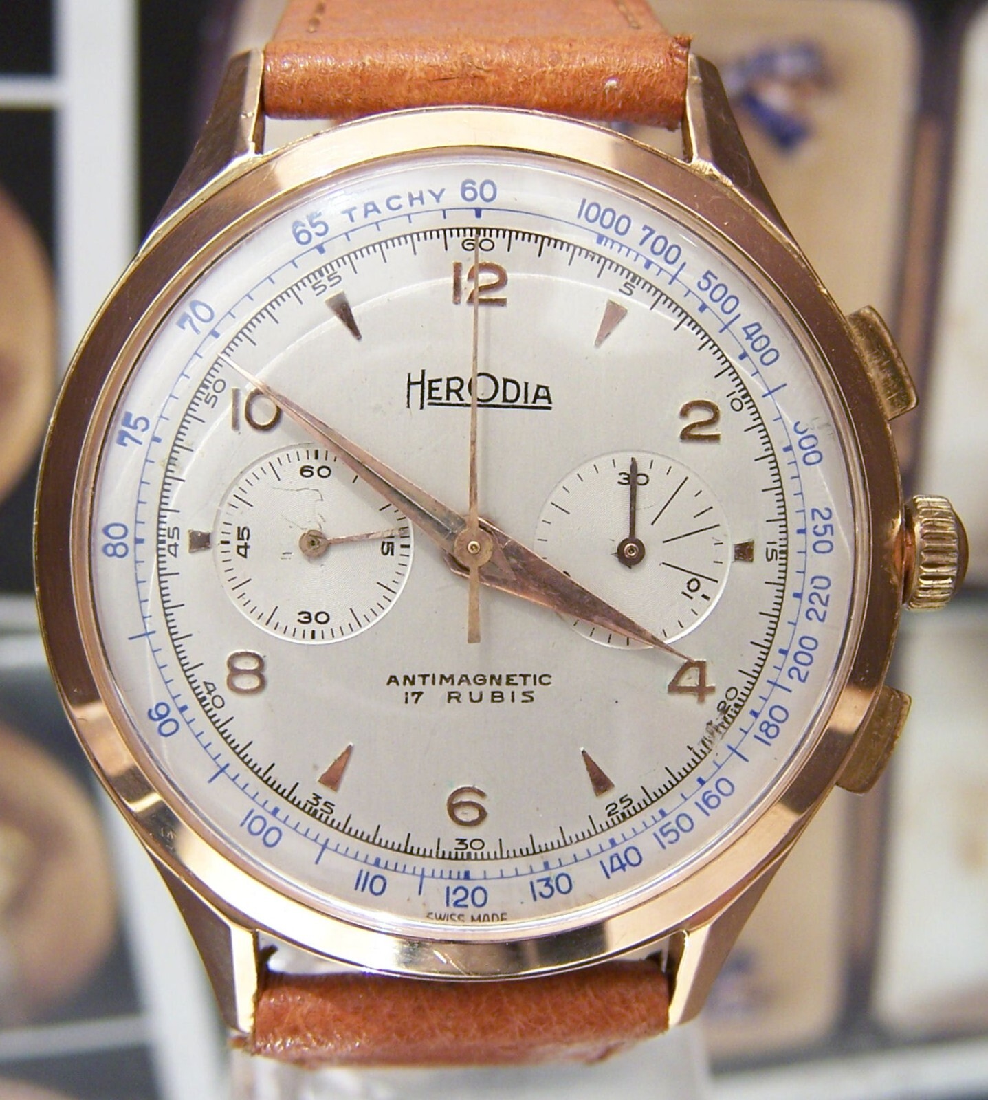 60’S SOLID 18K GOLD ANTIQUE VINTAGE 2 REG CHRONOGRAPH LEMANIA 1270 SWISS WATCH