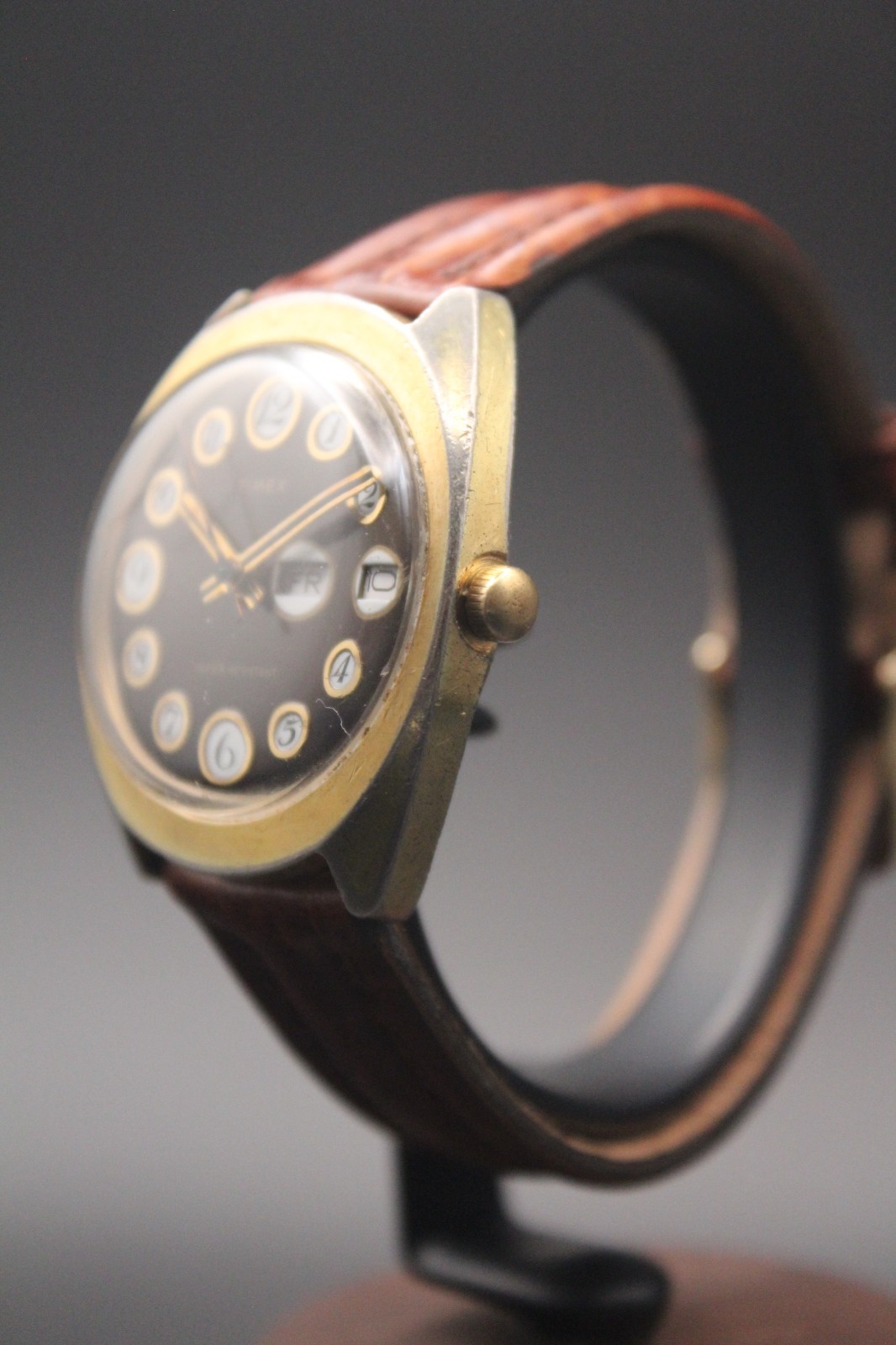 Vintage Timex Manual Wind Day-Date “Telephone Dial” Brown Dial Watch