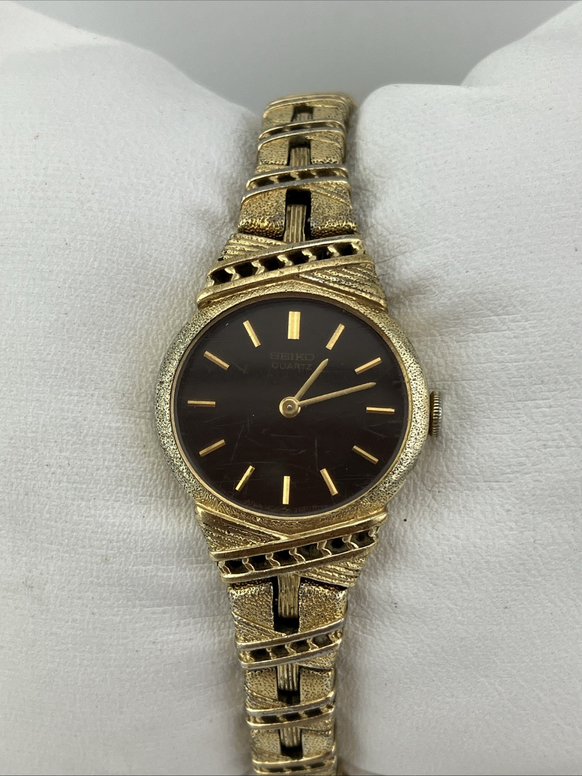 Vtg Seiko Ladies 20mm Watch Gold Tone Dark Brown Dial 6″ 1400-6960 -RUNS