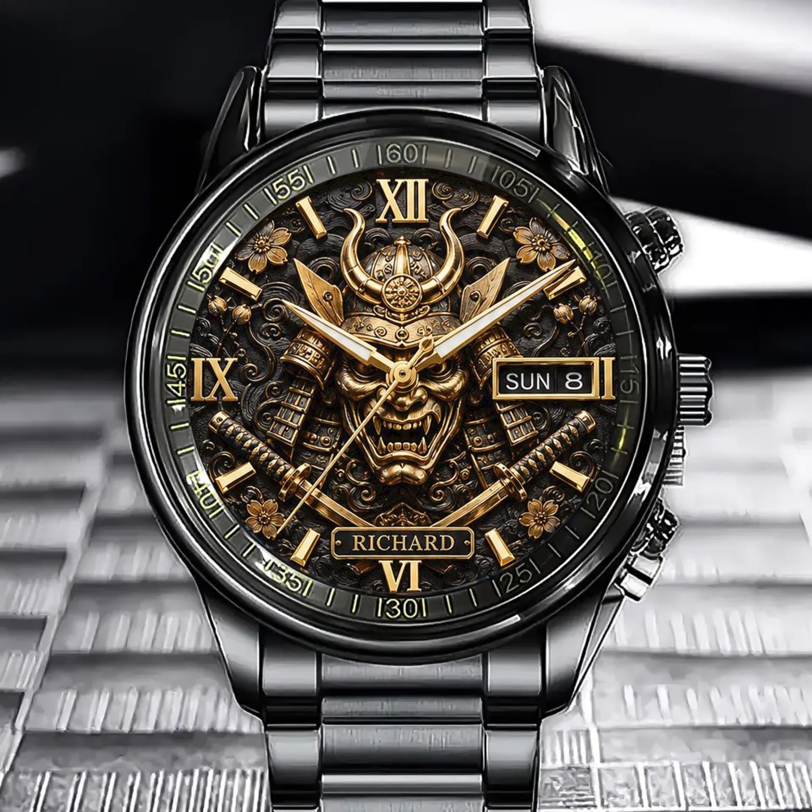 Personalized Japanese Samurai Design Watch – Custom Name Engraved Timepiece