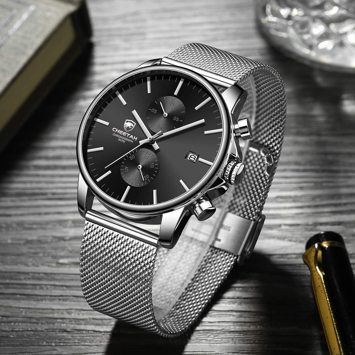 GOLDEN HOUR Men’s Watch Fashion Sleek Minimalist Quartz Analog silver black