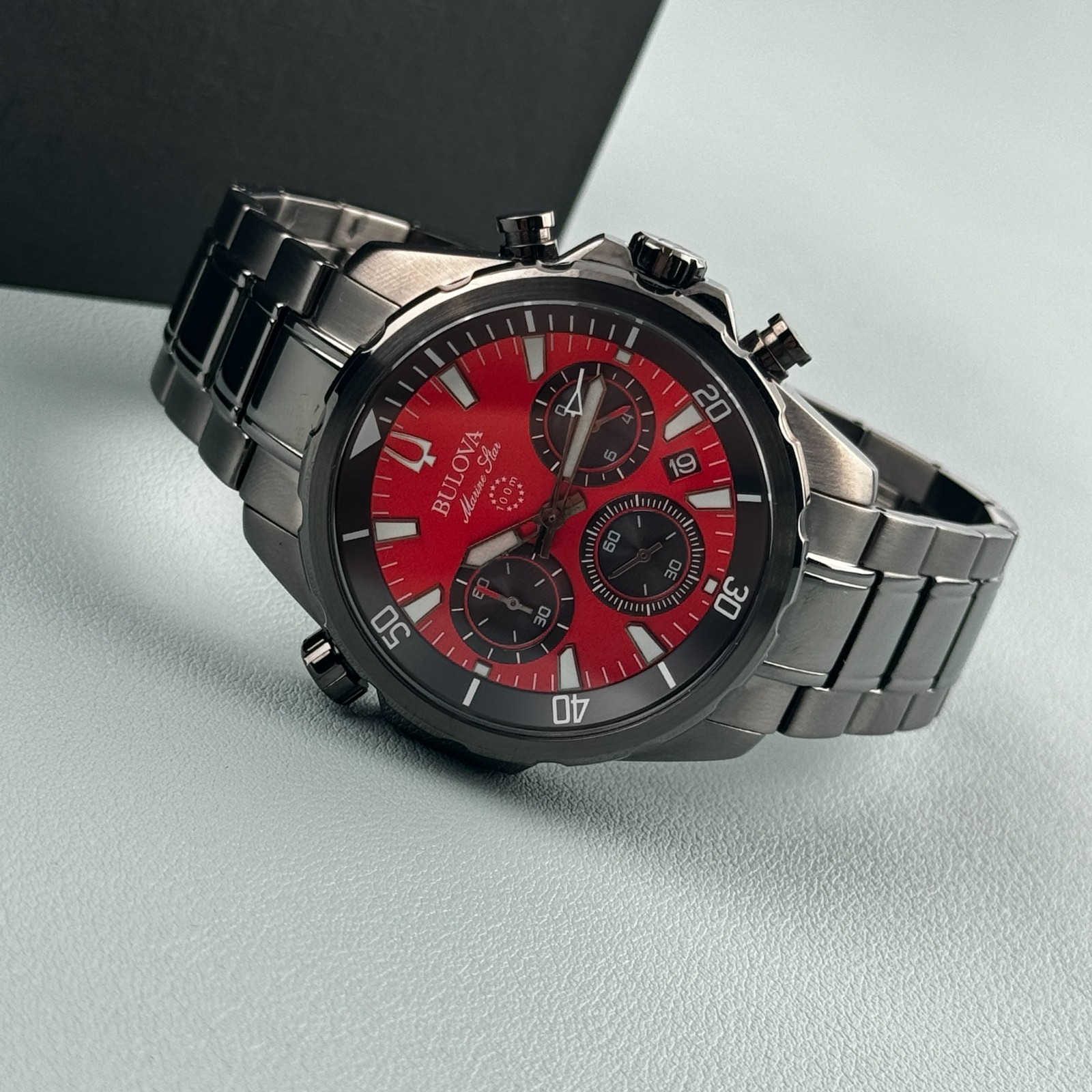 Bulova Marine Star 98B350 Chronograph Men’s Quartz Watch Red Dial 43mm