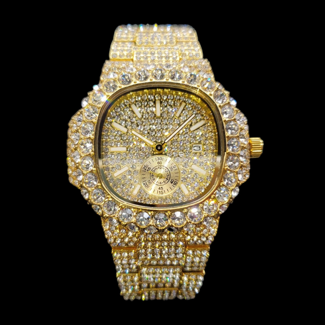 VVS Full Ice Date Special Minute Hand Iced Out Diamond Watch, Men Hip Hop Watch