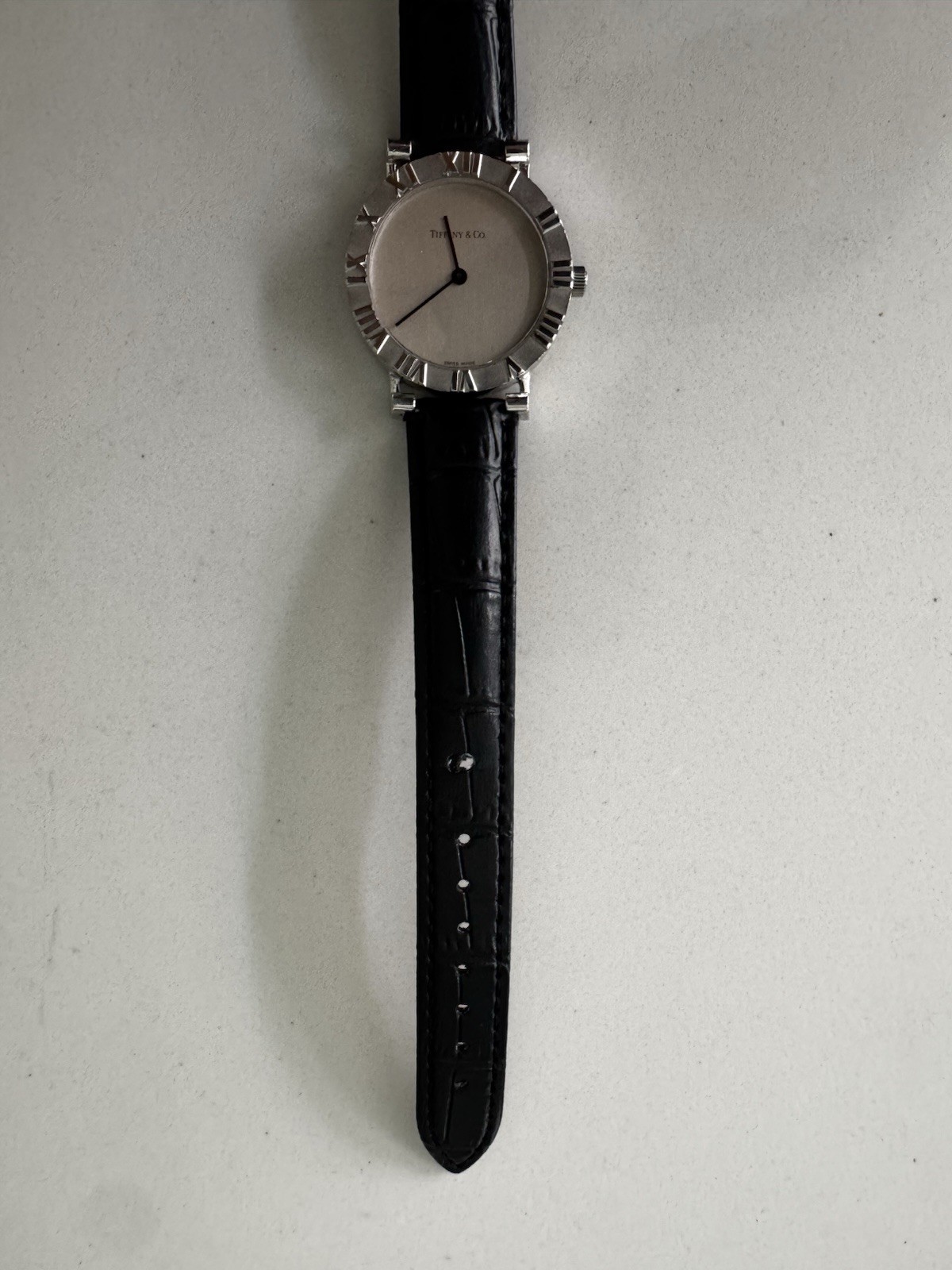 Tiffany & Co. Atlas Swiss Made M0640 Quartz Sterling Silver Watch Black Leather