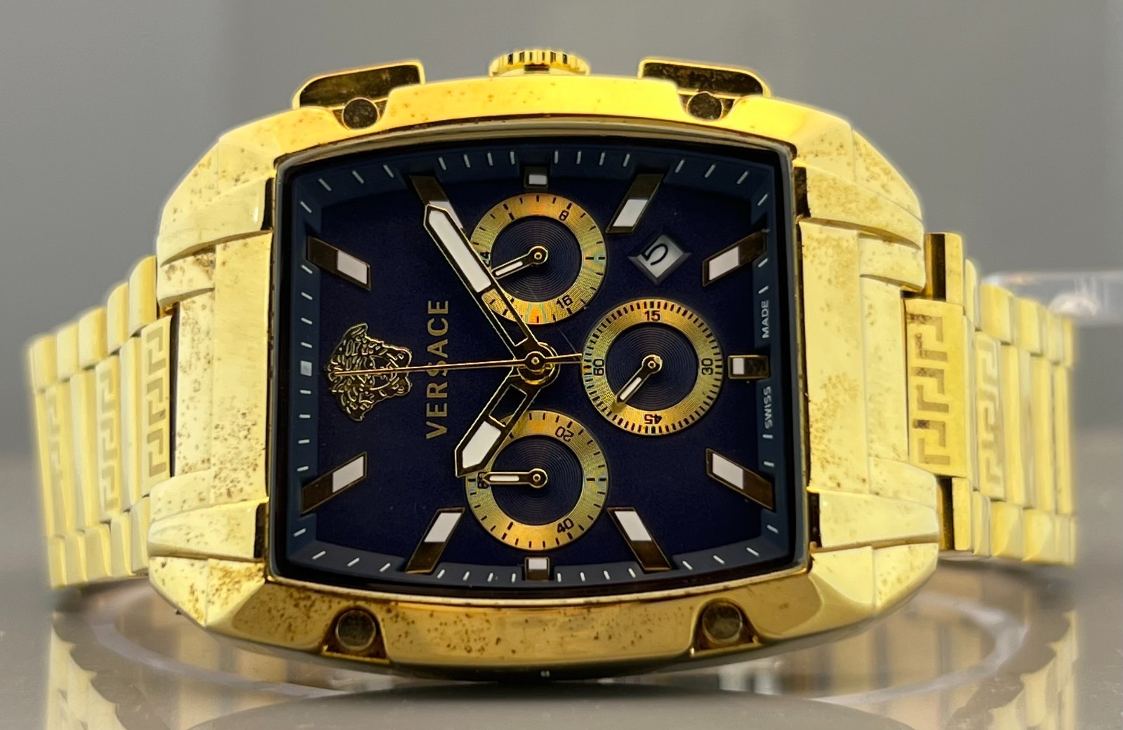 Vintage Men’s Versace Dominus Chrono Quartz Blue Dial Gold-Plated Wristwatch