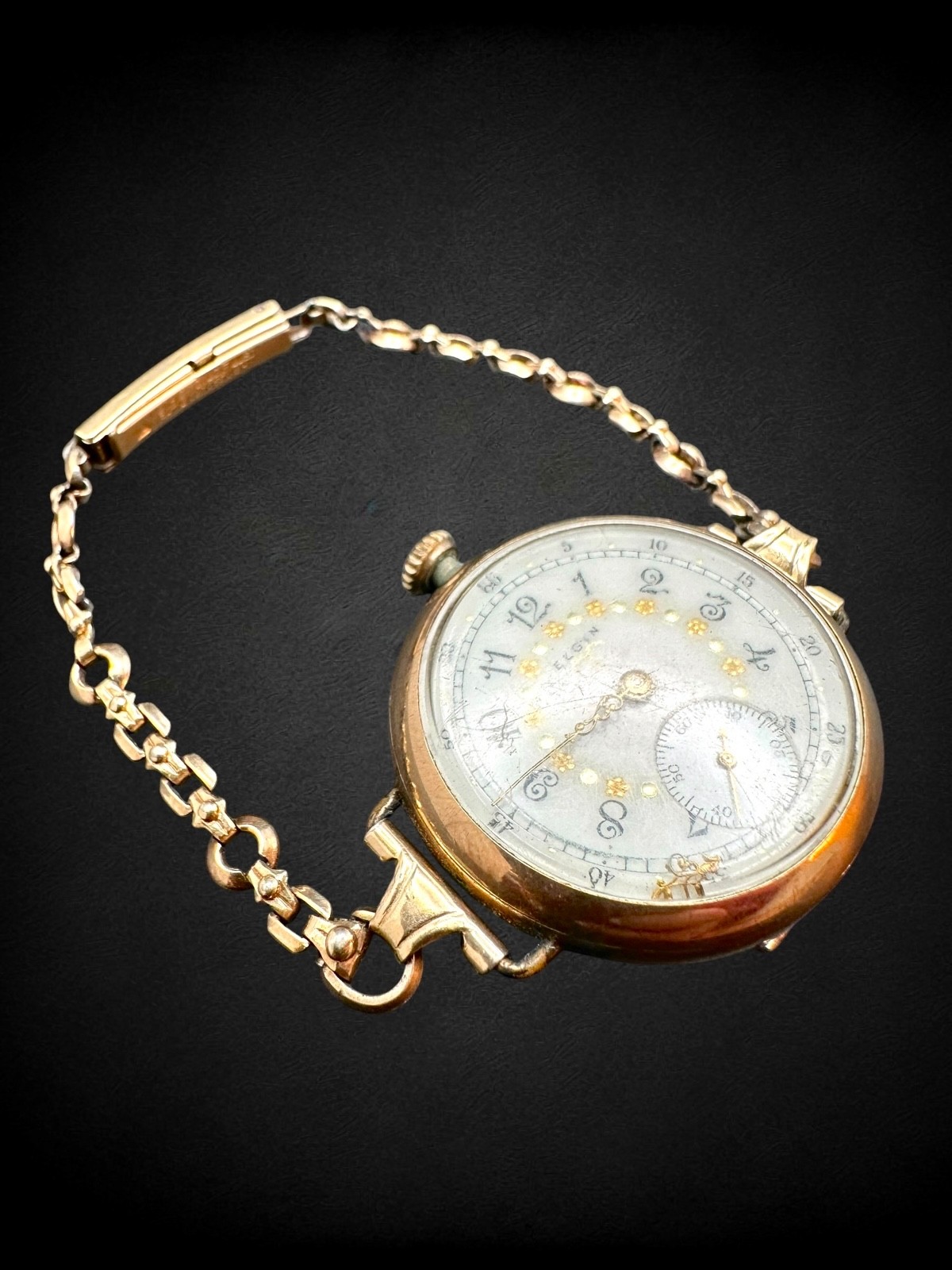 Antique Elgin Gold Filled B&B Royal 15 Jewels Open Face Fancy Wrist Watch Floral