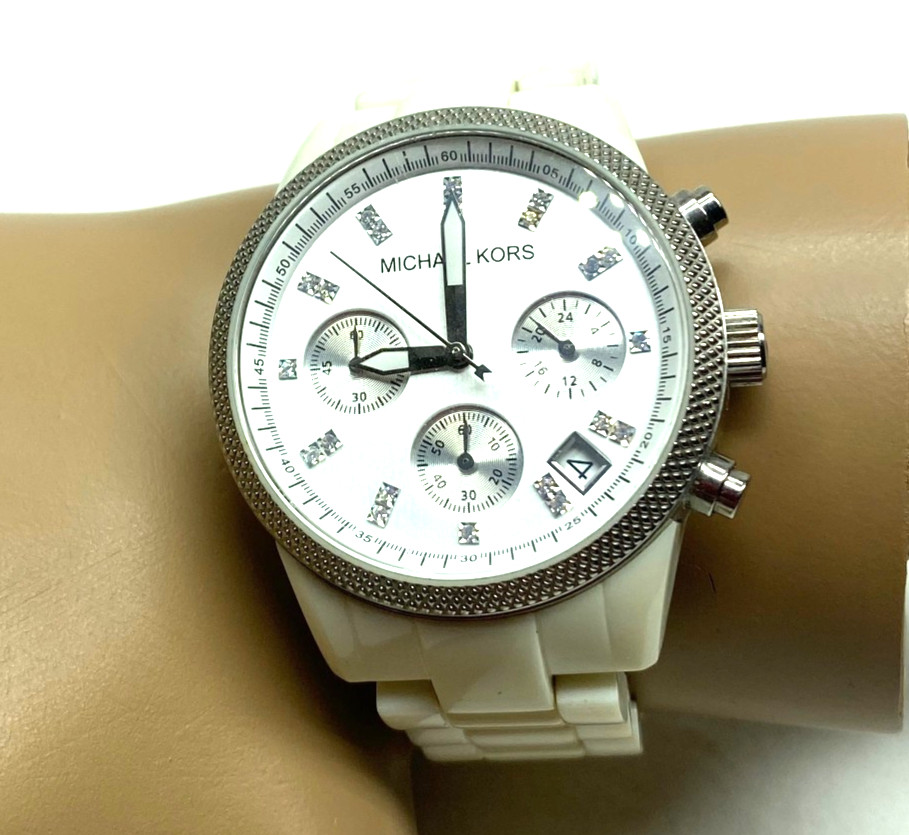 Michael Kors MK-5183 White Chronograph Crystal 10mm Wrist Watch Plastic Band