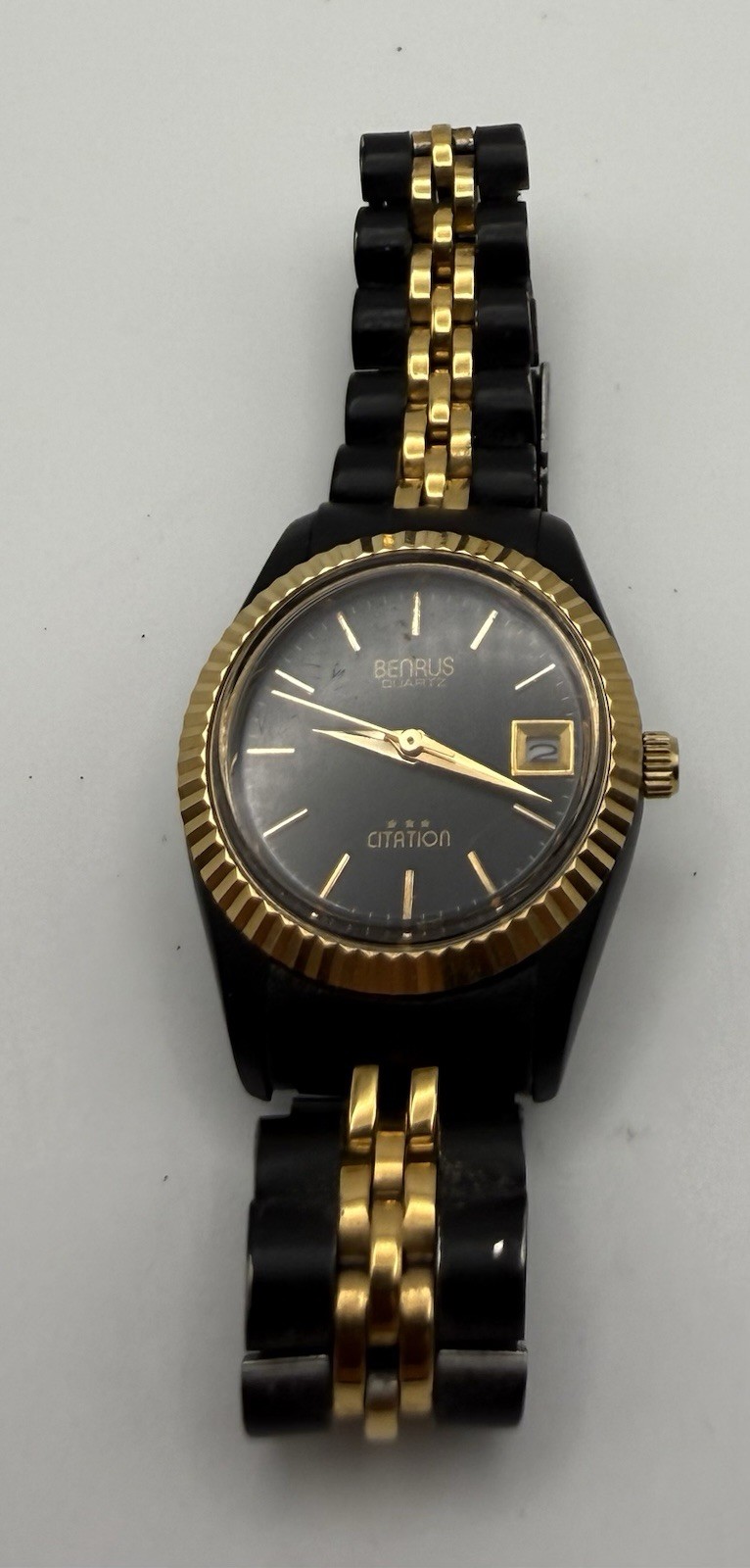 Womens Benrus Citation Quartz Two-Tone Metal Bracelet Black Dial Date Watch