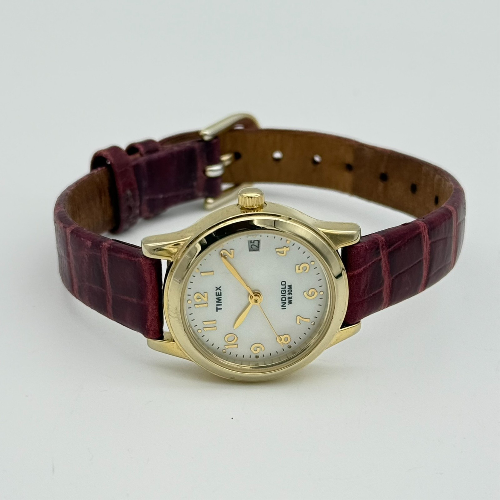 Women’s TIMEX MOP Dial, Gold Tone 25mm Watch, Burgundy Leather Band Runs, T21693